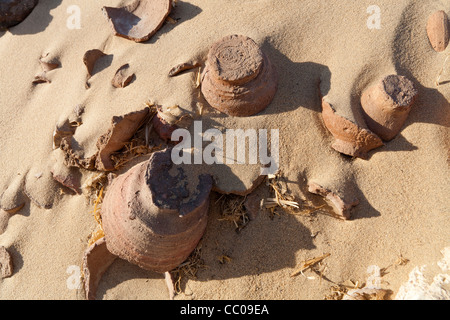View of pots on desert floor at Umm el Qa’ab,  Mother of Pots Predynastic site at Abydos Middle Egypt Stock Photo