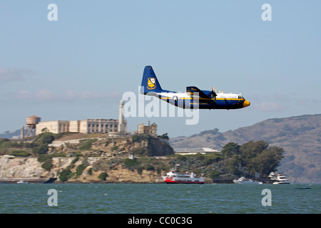 Fat Albert makes a pass along the waterfront between San Francisco and Alcatraz Stock Photo