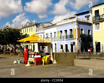 A kiosk in the Old historical center of Pelourinho, Salvador, showing the the Neo- classical, Colonial and Baroque architecture Stock Photo