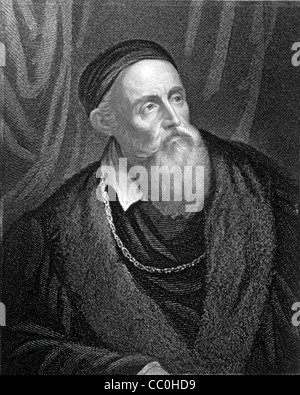 Portrait of Titian, Tiziano Vecelli or Vecellio (c1488/90-1576) Venetian & Italian Painter c19th Engraving by W. Holl after Titian Painting. Vintage Illustration or Engraving Stock Photo