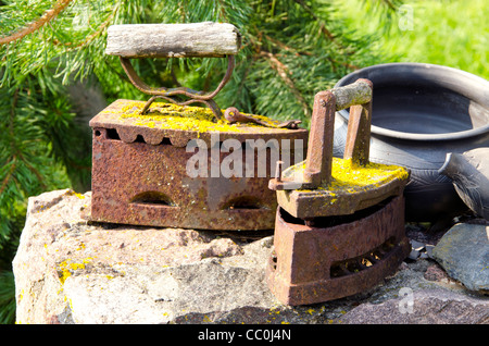 Vintage ironing tool, traditional steel coal iron with wooden handle Stock  Photo - Alamy