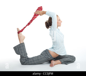 Office woman with tie showing direction of economic growth curve Stock Photo