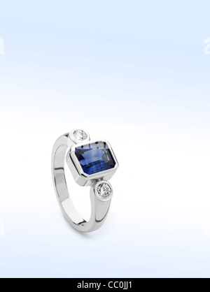 Emerald cut blue sapphire and diamond dress ring Stock Photo