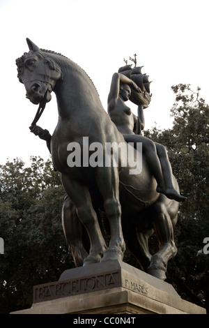 Barcelona Statue. Woman on a horse holding a Ship, Placa de Catalunya, Barcelona, Spain Stock Photo