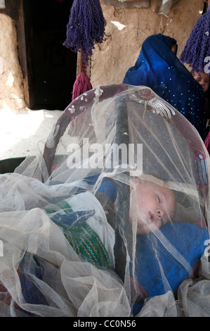 Kabul. People displaced from Helmand province - baby sleeping under mosquito net Stock Photo