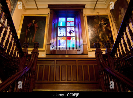 Staircase, Stained Glass Windows, and Paintings Interior of the Crawford Art Gallery, Cork City, Ireland Stock Photo