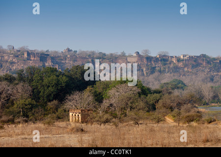 Maharaja of Jaipur's Hunting Lodge with Ranthambhore Fort behind in Ranthambhore National Park, Rajasthan, Northern India Stock Photo
