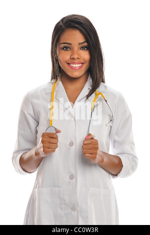 Portrait of female African American health care provider smiling isolated over white background Stock Photo