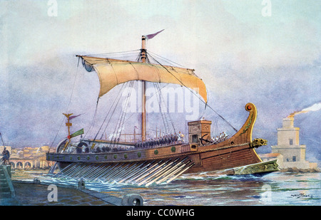 Roman Galley, Warship, Wooden Ship or Battleship. Painting by Albert Sebille, c1930 Stock Photo