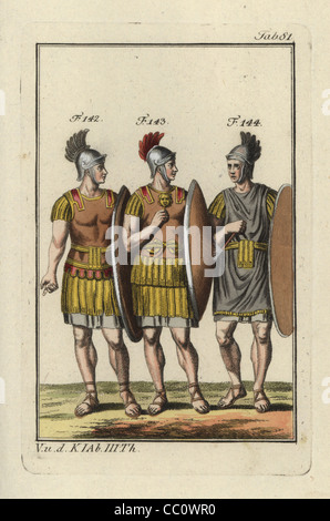 Roman soldiers in leather armour carrying shields. Handcolored ...
