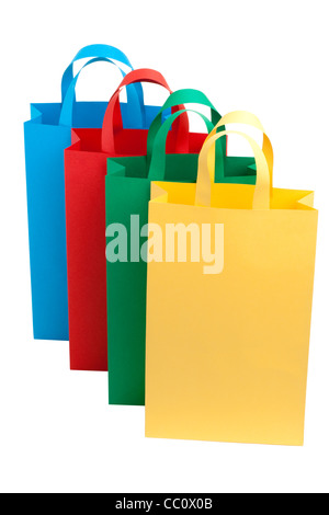 Row of shopping bags in different color blue red green and yellow Stock Photo