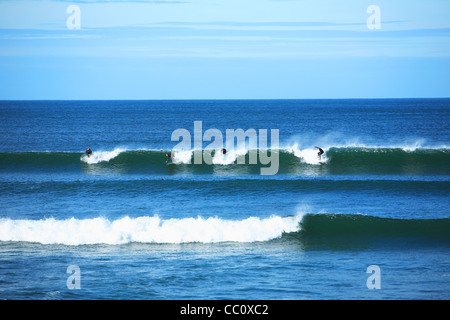 4 surfers riding a wave at Rosses Point. Co. Sligo. Ireland Stock Photo