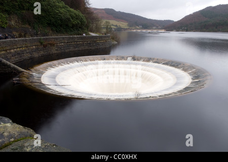 One of the bellmouth  overflows known as the plugholes at the Ladybower Reservoir in the Upper Derwent valley in Derbyshire Stock Photo