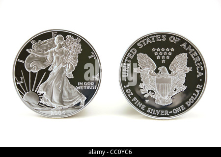 Two American Eagle Silver Bullion Coins (legal tender) showing the front and back of the coin Stock Photo
