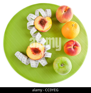 Picture of different fruits on the green plate isolated on white Stock Photo