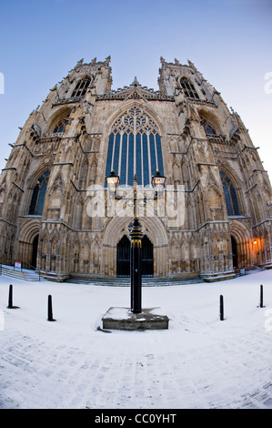 Fisheye shot of the West façade of York Minster in snow. Stock Photo