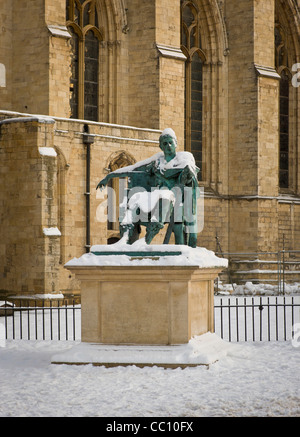 Snow covered statue of Constantine outside York Minster Stock Photo