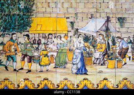 Barcelona, Spain. Tiled picture on Calle de la Portaferrissa. Detail showing market scene Stock Photo