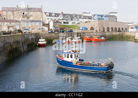 Boats in Seahouses Harbour on a summer's day Stock Photo