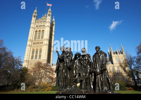 burghers of calais statue in victoria tower gardens at the palace of westminster houses of parliament buildings London England Stock Photo