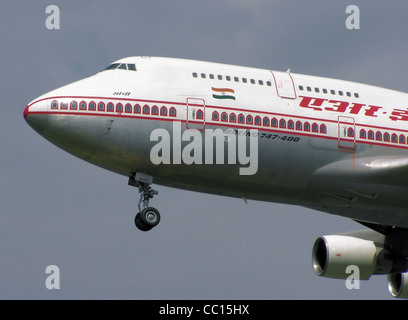 Close-up on the nose of an Air India Boeing 747-400 (VT-AIC) landing at London Heathrow Airport, England. Stock Photo