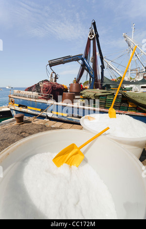 Salt ready, fishing boats moored in Mandre on Pag island, Croatia Stock Photo