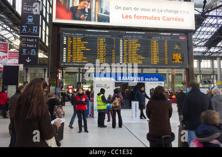 destination board, Gare de Lyon railway station, Paris, France Stock Photo