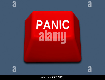 PANIC BUTTON in red on a dark blue background Stock Photo