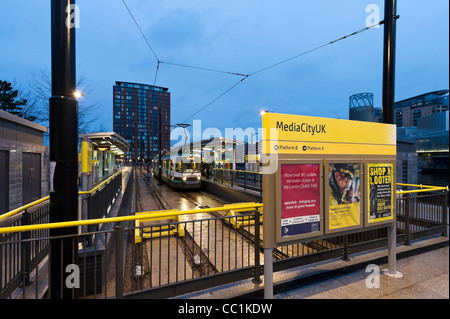 Metrolink light rail train at MediacityUK station, Salford Quays ...