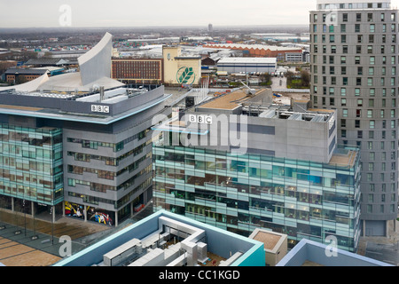 BBC Studios in MediaCityUK with Bridge House on the right and Quay House on the left, Salford Quays, Manchester, UK Stock Photo
