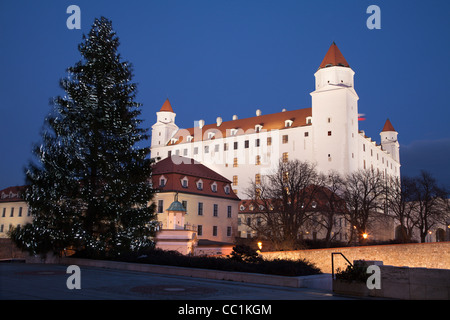 bratislava - castle from parliament at night and Christmas tree Stock Photo