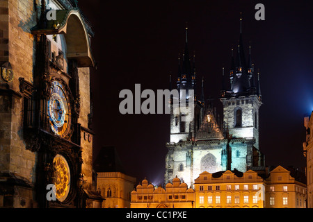 Czech republic - metropolises Prague . Staromestske square - astronomical clock and Tynsky palace Stock Photo