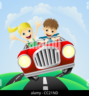 Young man and woman having fun driving their car on a road trip. Stock Photo