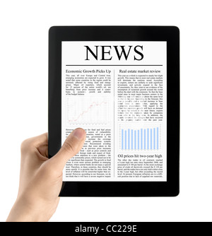 Man hands are holding electronic tablet with news. Isolated on white. Stock Photo