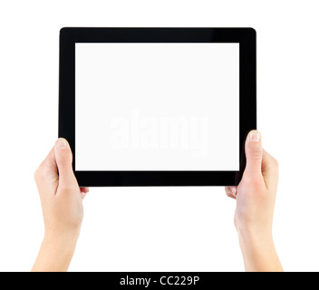 Woman hands holding electronic tablet pc with blank screen. Isolated on white. Stock Photo