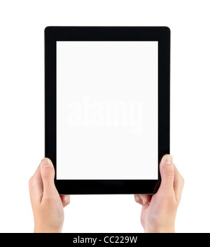 Woman hands holding electronic tablet pc with blank screen. Isolated on white. Stock Photo