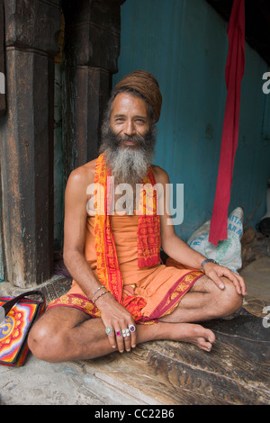Motorcycle Baba, a Sadhu from the Juna Akhara, in an ashram at the Vashisht temple, Manali, Himachal Pradesh, India Stock Photo