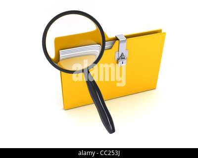 Yellow folder with Magnifier over white background. computer generated image Stock Photo