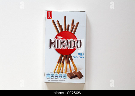 Box of unopened Lu Glico Mikado milk chocolate biscuits isolated on white background - Mikado sticks Stock Photo