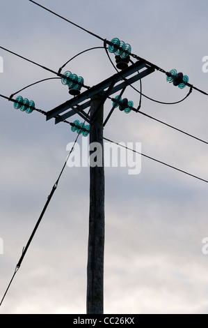 Telegraph pole, with glass insulators, in silhouette Stock Photo