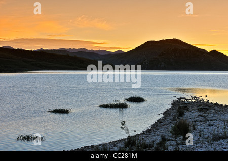 Fly fishing in Tasmania on Lake Pedder Stock Photo