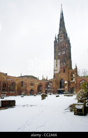 St Michaels, Coventry Old Cathedral Spire, UK, in snow. Stock Photo