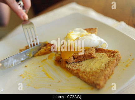 Poached eggs on toast for breakfast Stock Photo