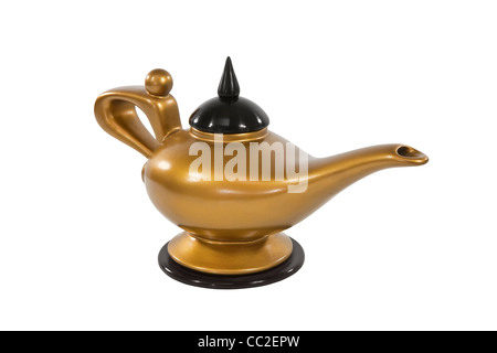 Aladdin's golden genie lamp isolated on white. Stock Photo