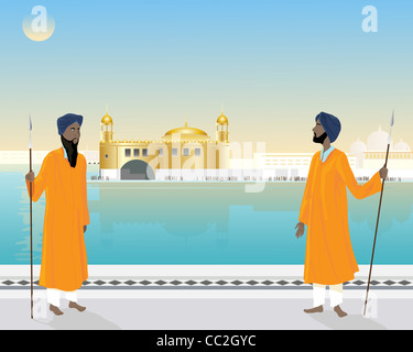 an illustration of a two temple guards standing by the holy pool of the golden temple under a blue sky Stock Photo