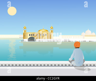 an illustration of a sikh boy sitting looking across the holy pool to the golden temple at amritsar Stock Photo