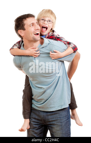happy father giving his son piggy back ride - isolated on white Stock Photo