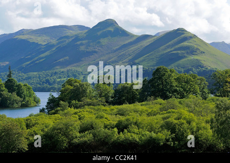 View across Derwent Water towards Catbells in Lake District National Park Cumbria England Stock Photo