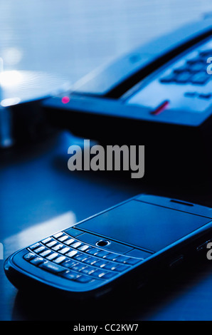 USA, New Jersey, Jersey City, Close-up of mobile phone on desk Stock Photo