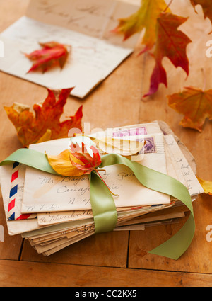 Autumn leaves on letters, studio shot Stock Photo